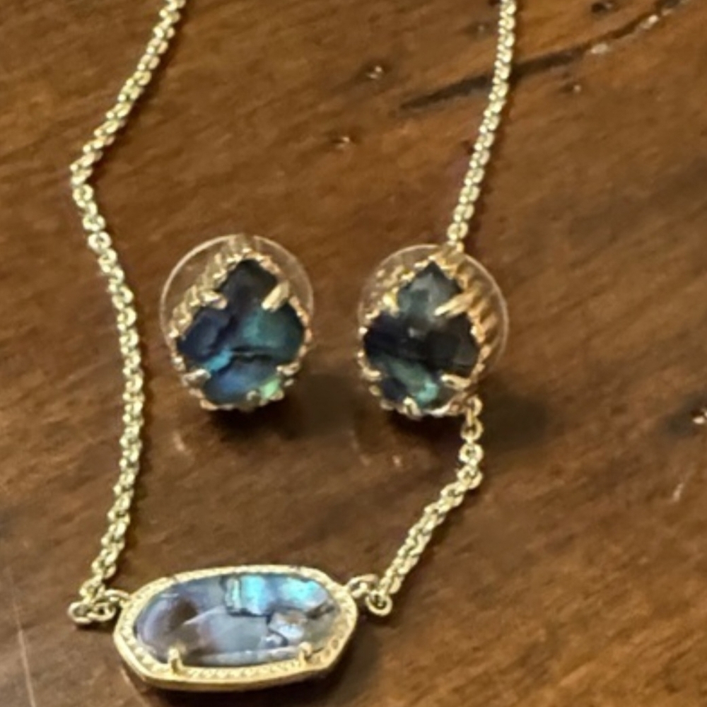 Kendra Scott Gold Necklace & Earrings Set with Iridescent Blue Stones